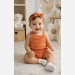 ست سه تیکه نوزادی دخترانه تاپ و شورت و هدبند پنبه ای