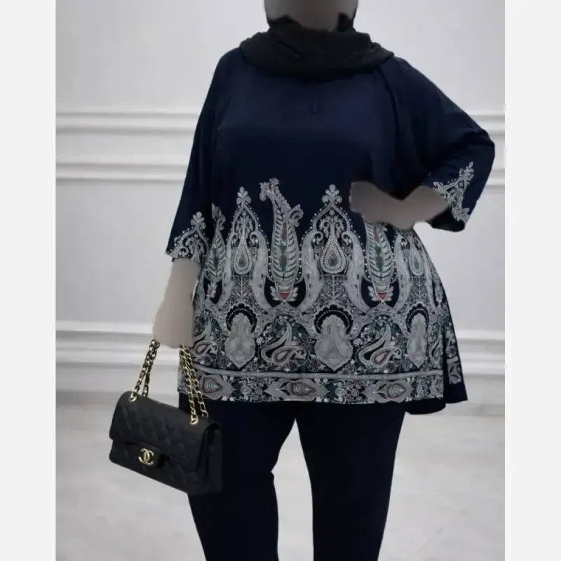 06ca8437-f33f-4ef1-a37e-7fe4aa4c8e5a تونیک زنانه مشکی سایزبزرگ اندونزی طرح سنتی فرم آزاد - تصویر 1