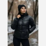 کاپشن زنانه چرم جیب دار پشم شیشه فری سایز مشکی سرمه ای - تصویر 2