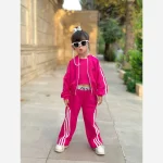 سه تکه دخترانه سوییشرت شلوار و تاپ رنگ صورتی دورس پنبه و تاپ کشبافت سایز 2 تا 12 سال