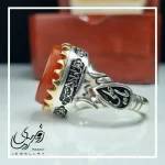 انگشتر مردانه آلیاژ نقره روس با سنگ عقیق سرخ حکاکی یا رزاق برجسته - تصویر 2