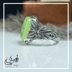 انگشتر مردانه آلیاژ نقره روس با سنگ عقیق سبز خطی حکاکی علی ع - تصویر 2