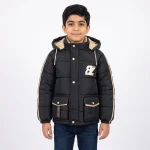 کاپشن پسرانه مشکی شمعی آستر خز کلاه دار مدل فشن پاییزه زمستانه