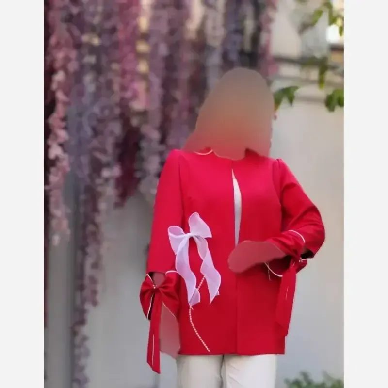 928d4d0c-a359-4fce-bc13-cddb4c12e9a6 کت پاپیون کرپ مازراتی زنانه رنگ مشکی سرخابی کاربنی - تصویر 1
