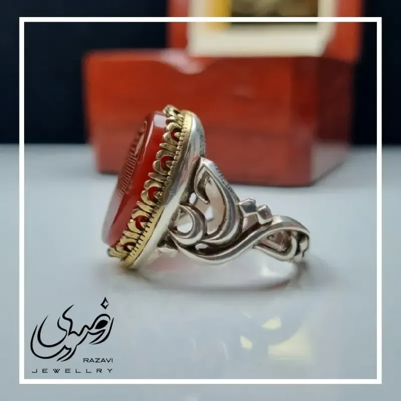 eb8b8b55-911d-49e7-ba6c-0902ca31dbca انگشتر مردانه آلیاژ نقره روس با سنگ عقیق سرخ و حکاکی سوره یس - تصویر 1