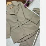 ست کت و شلوار اسپرت کتان کش رها فری سایز رنگ سدری و خاکی - تصویر 7