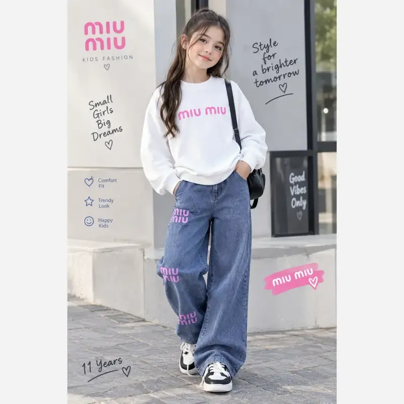 2d3d0894-43d4-44cf-b735-e7190d1f2358 ست بلوز و شلوار لی دخترانه بچگانه طرح Miu Miu دورس لاکرا سایز 45 تا 70 - تصویر 1
