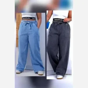 شلوار بگ زنانه طرح جین نیل ترک وارداتی کمر کش