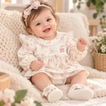 بادی دامندار مجلسی نوزادی دخترانه پیراهن رز صورتی گل گلی پنبه ای - تصویر 3