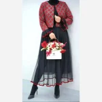 ست کت و دامن یلدا جنس کت گلیمی تافته و نخ آکریلیک لمه دار دامن تور آستر دار رنگ مشکی قرمز فری سایز 38 تا 46
