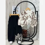 بلوز شلوار دخترانه دورس طرح پروانه رنگ سفید کرم شکلاتی سایز 45 تا 65 - تصویر 2