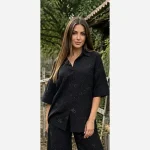 شومیز مانتویی نگین کاری شده جنس شانتون گرم بالا رنگ مشکی فری سایز - تصویر 6