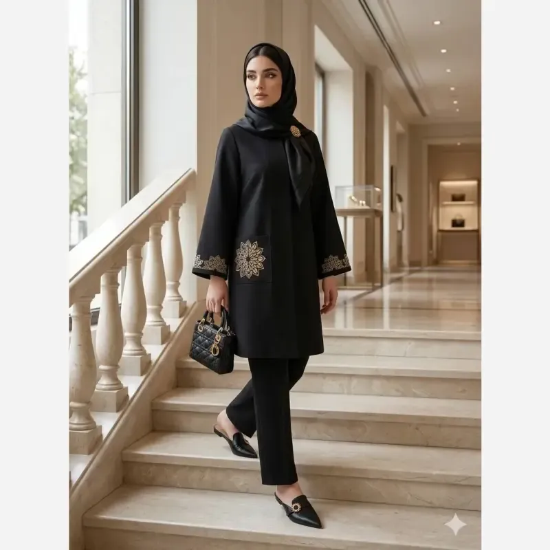 8121b507-e507-4031-aeff-1abae1f22cd5 مانتو زنانه شانتون اسلپ گلدوزی شده مدل راز قد 91 سایز بزرگ تا 56 - تصویر 1