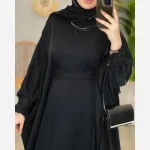 عبای زنانه راحیل الیزه مشکی بلند ملیله دوزی شده آستین پلیسه فری سایز