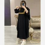 مانتو عبایی مشکی نوار دوزی طلایی جنس شانتون صوفیا فری سایز - تصویر 2