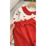 ست سه تیکه نوزادی دخترانه بادی و شلوار پنبه کبریتی یقه قلبی با هدبند - تصویر 4