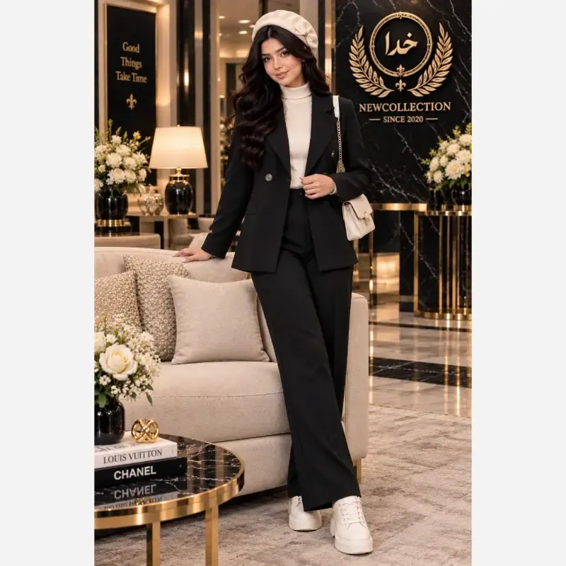 ded35fe2-6451-47ff-9436-3c14ee12c9f4 کت و شلوار زنانه پاییزه کتان کشی نیلا رنگ مشکی فری سایز - تصویر 1