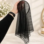 مینی اسکارف تل دار تور دیپلمات سه رنگ مشکی قهوه ای سرمه ای دور دانتل دوزی شده - تصویر 6